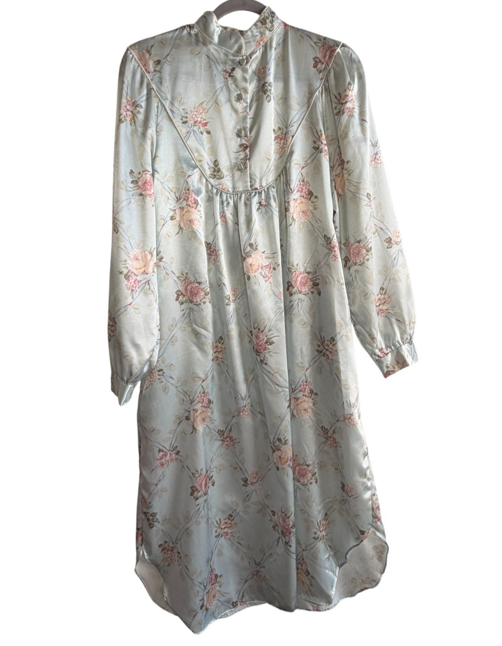 Vintage Nicole Cottagecore Satin Floral Nightgown Dress Piped Bib Yoke ILGWU S